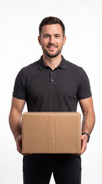 Delivery Man with Package: A smiling delivery man holds a cardboard box, ready to deliver it to its destination. His friendly demeanor suggests a positive customer experience.