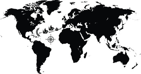 Obraz premium World map silhouette with sailing ships compass rose and laurel branch
