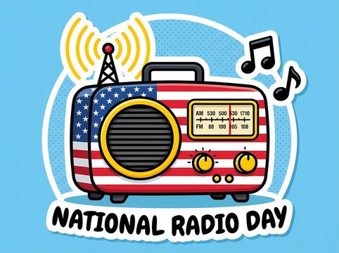 National Radio Day American Flag Radio Cartoon Sticker Illustration Design