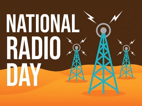 National Radio Day illustration with transmission towers broadcasting radio waves