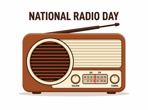 National Radio Day Vintage Brown Radio Flat Vector Illustration Design