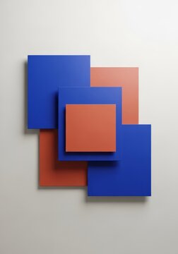 A sophisticated minimalist flat design featuring perfectly balanced squares and rectangles in sapphire blue and terracotta over off-white, illustration, squares, rectangles
