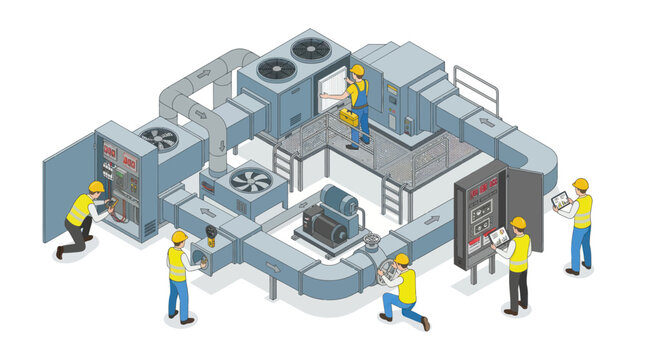 Industrial HVAC system installation and maintenance workers.