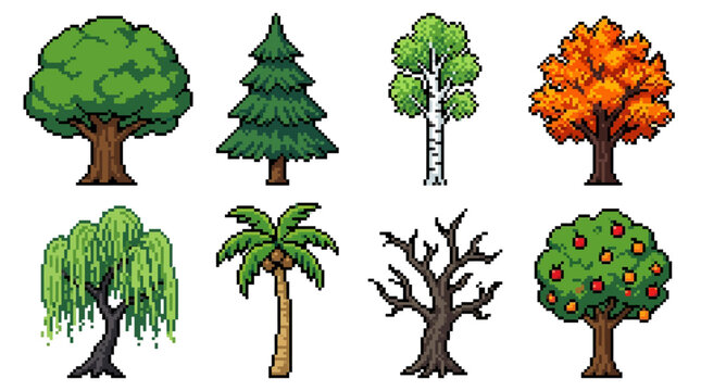 A colorful illustration featuring various types of trees in pixel art, retro 8-bit, and vector illustration.