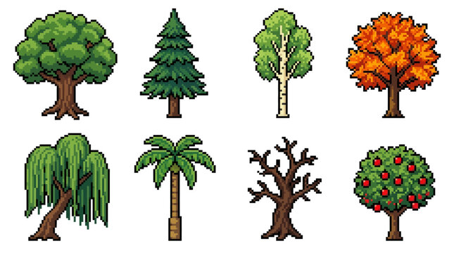 A colorful illustration featuring various types of trees in pixel art, retro 8-bit, and vector illustration.