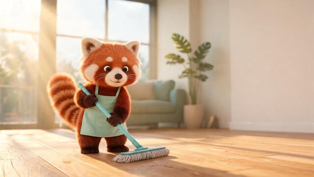 3D illustration of an adorable red panda in an apron mopping wooden parquet floor in a bright modern living room.
