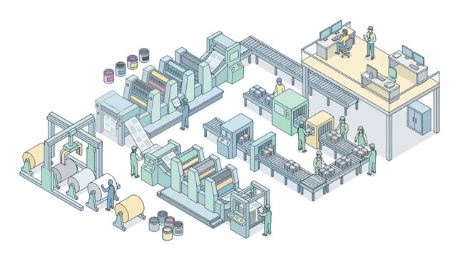 Industrial printing press machinery and factory production line layout.