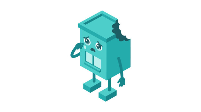 A sad teal box character with a bite mark is crying on a white background