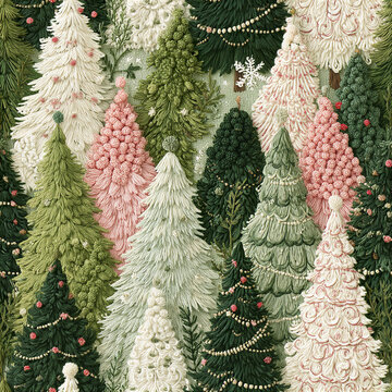 Embroidered holiday forest with assorted textured Christmas trees green, white, and pink shades creating festive joyful pattern