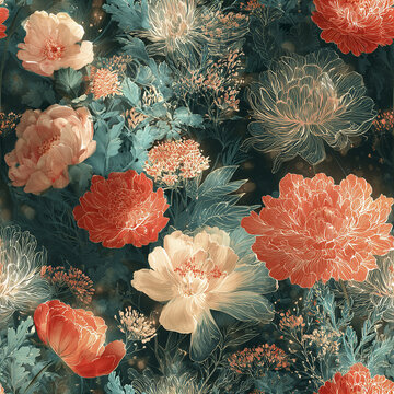 Seamless floral pattern with radiant red and cream flowers and lush green leaves creating enchanted garden feel
