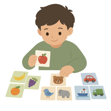 Hand traced vector illustration of a smiling child sorting colorful educational flashcards featuring fruits, animals, and vehicles in a playful classroom learning activity scene