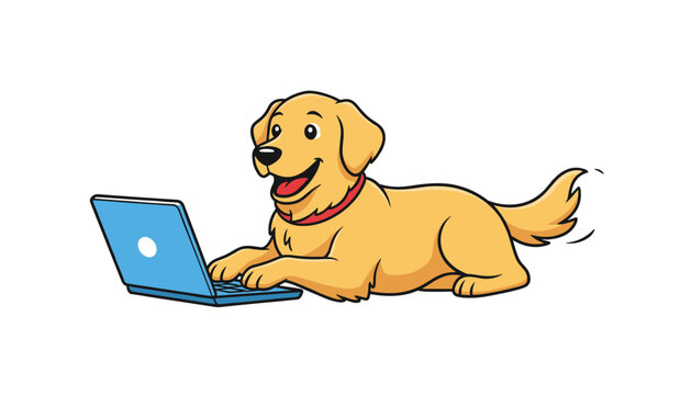 Cute golden retriever dog using laptop computer