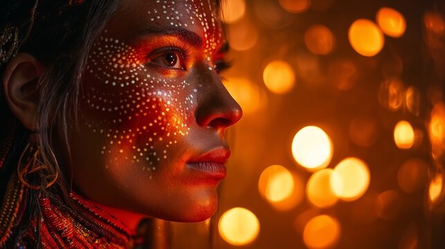 Close-Up Profile Portrait of Woman with Intricate Dotted Face Paint and Warm Bokeh Lights