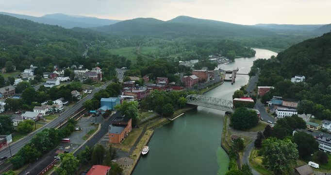 July 28, 2026 - Whitehall, NY, USA - Aerial video of the village of Whitehall, NY and the Champlain Canal.  Whitehall is regarded as the Birthplace of the United States Navy.