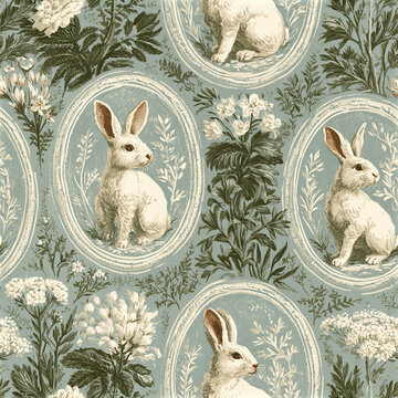 Seamless bunny pattern with elegant rabbits and vintage floral elements in soft blue and green tones creating graceful design