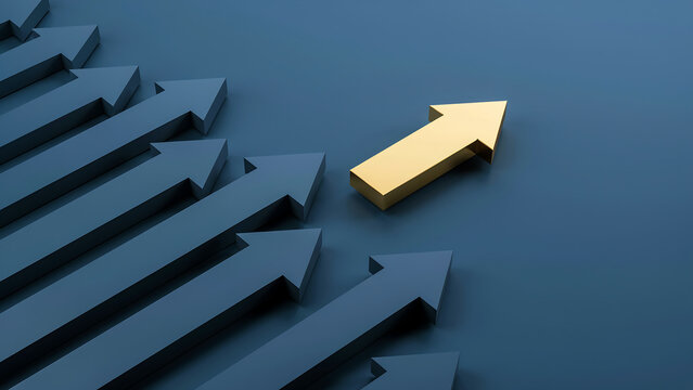 Unique golden arrow breaking away from a group of dark blue arrows with leadership innovation different business strategy direction competition standout individual progress achievement