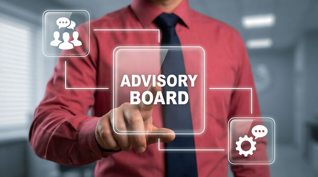 Businessman pressing virtual advisory board interface in modern office