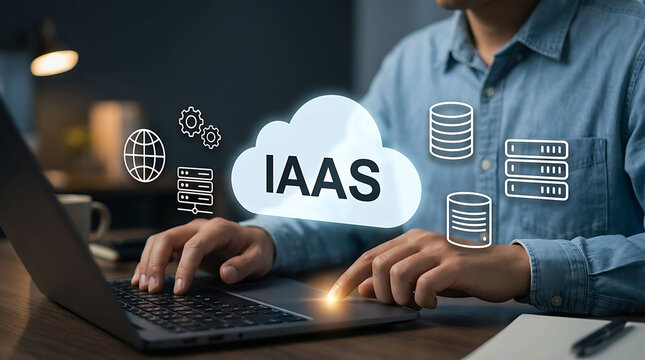 Man using laptop for cloud infrastructure as a service IAAS concept
