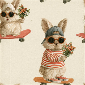 Cute bunny with sunglasses holding flower bouquet on skateboard wearing cap and striped shirt, playful hipster animal pattern