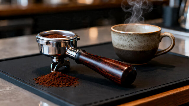 Wooden portafilter with fresh coffee grinds on a barista mat