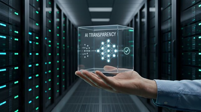 AI transparency explainable artificial intelligence neural network logic cube held in modern data center server room