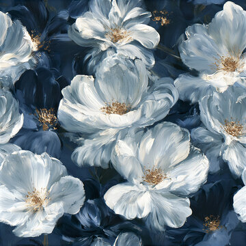 White flower oil painting with dark blue background creates seamless impressionist floral pattern full of delicate beauty