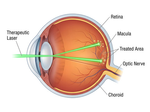 Therapeutic laser treatment targeting the human retina and macula isolated on white background