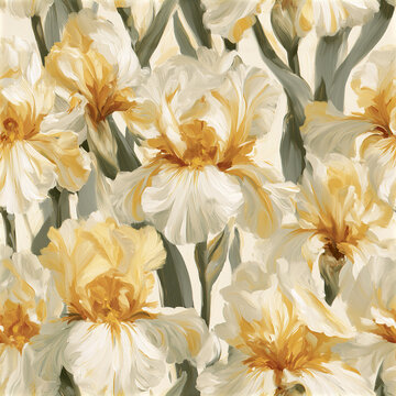 Soft yellow and white iris flowers with green leaves create seamless impressionist garden pattern full of natural beauty