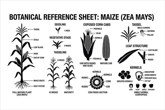 Botanical reference sheet for maize zea mays, corn plant anatomy diagram with labeled parts, agricultural growth stages and kernel structure vector