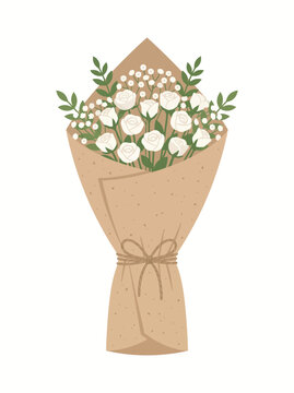 Bouquet of white roses wrapped in brown paper with twine