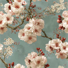 Fototapeta premium Soft pink cherry blossom flowers with red buds on textured blue background create delicate seamless spring garden pattern
