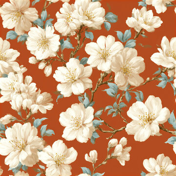 Seamless floral pattern with white cherry blossoms and blue leaves on warm terracotta background, elegant and delicate design