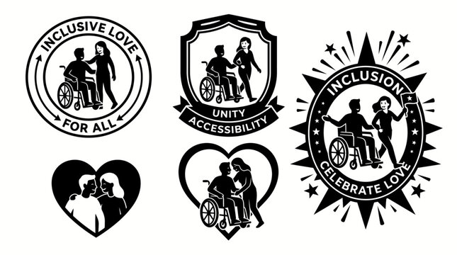 Set of monochrome emblems representing inclusive love and accessibility for disabled people.