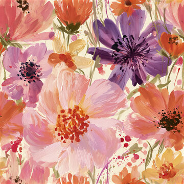 Joyful seamless floral pattern with layered pink, purple, and orange flowers creating vibrant watercolor meadow effect