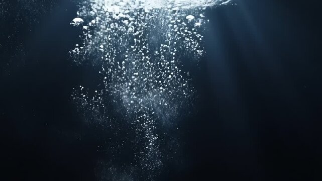 Underwater Air Bubbles Rising in Deep Dark Water.