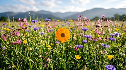 Obraz premium Vibrant meadow filled with colorful wildflowers including a prominent orange calendula flower in the center, set against a backdrop, of distant mountains