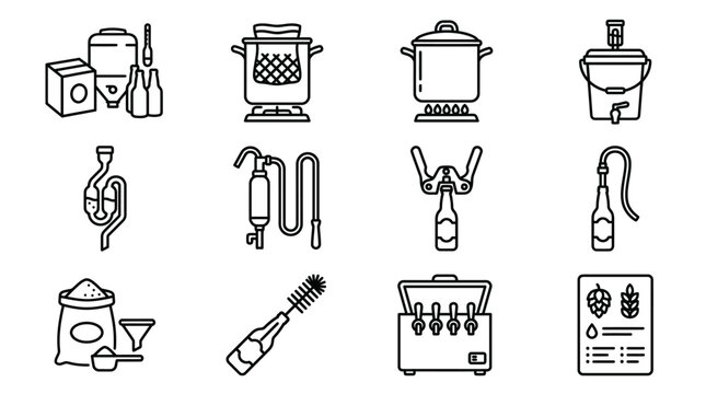 Set of home brewing icons and beer making equipment symbols.
