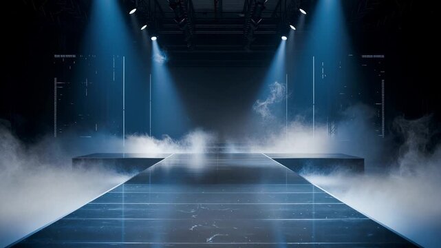 Futuristic empty runway stage with dramatic lighting and fog effects for fashion shows or events