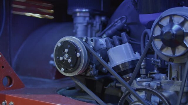 Close-up shot of an engine bay featuring a vintage alternator, ignition distributor, and drive belts illuminated by ambient green lighting.