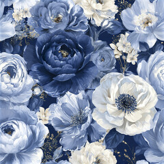 Obraz premium Seamless luxury blue and white flower pattern with layered petals creating elegant and soft floral design