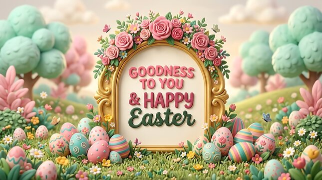 Decorative golden frame with pink roses and text goodness to you and happy easter surrounded by colorful eggs in a grassy field with pastel trees