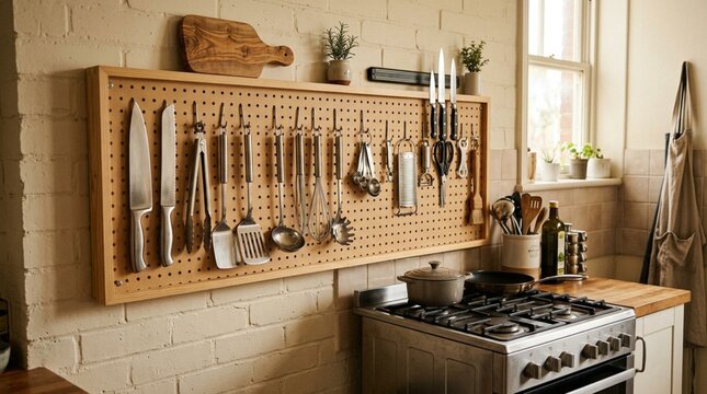 Warm rustic kitchen pegboard displaying organized stainless steel utensils, cutting board, and cookware above gas oven, natural light window, cozy home interior decor