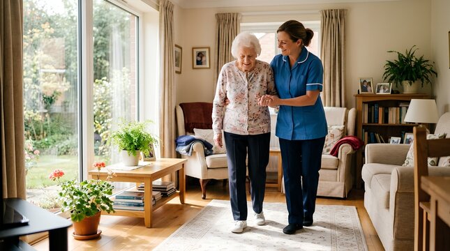 Caring female nurse gently assisting smiling elderly woman walking together through bright sunlit cozy living room with large windows, comfortable furniture, and homey decor