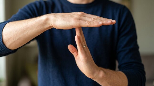 Close-up of person's hands forming a T-shape timeout gesture in front of chest, fingers clearly posed in dark blue shirt, communication concept