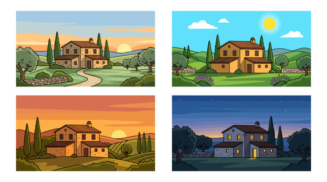Set of four illustrations of a Tuscany farmhouse at different times of day.