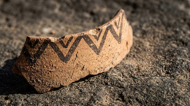Close-up of curved terracotta pottery fragment with dark painted chevron zigzag pattern on rim, resting on rough stone surface, ancient ceramic archaeology detail