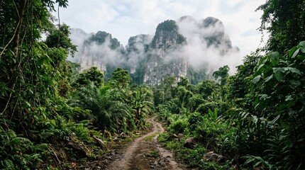 Obraz premium Dirt path winding through dense tropical foliage toward towering grey limestone karst cliffs half-hidden in misty clouds, lush jungle adventure scenery