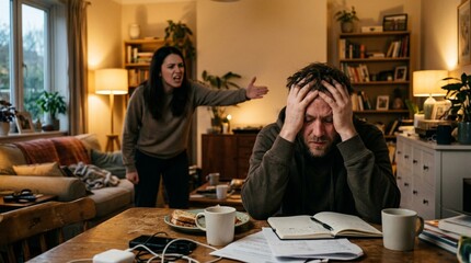 Fototapeta premium Frustrated overwhelmed man holding head during heated argument with yelling woman in warm-lit home interior with dining table and open books