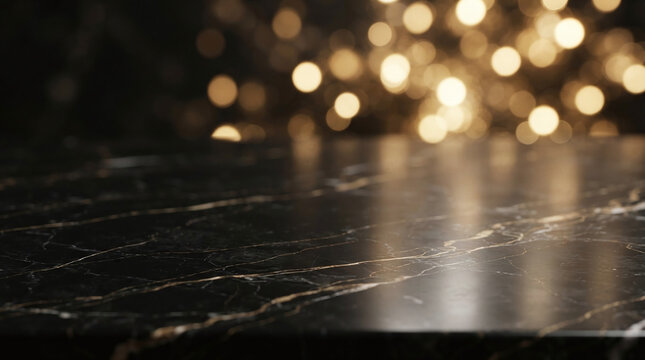 Black marble table top surface with golden veins and warm bokeh lights background