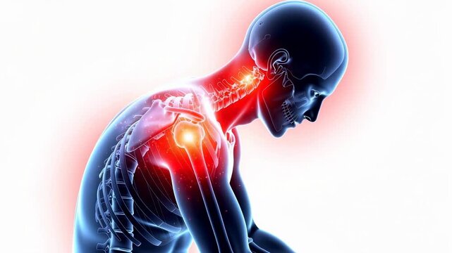 Human skeleton with highlighted shoulder and neck pain areas showing inflammation and discomfort